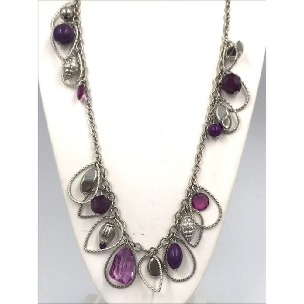 PURPLE‎ ACRYLIC BEADs LONG SILVER TONE CHAIN NECKLACE 28"